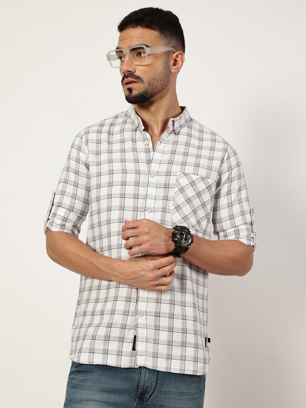 Thomas Scott Men White1 Premium Slim Fit Opaque Checked Casual Shirt