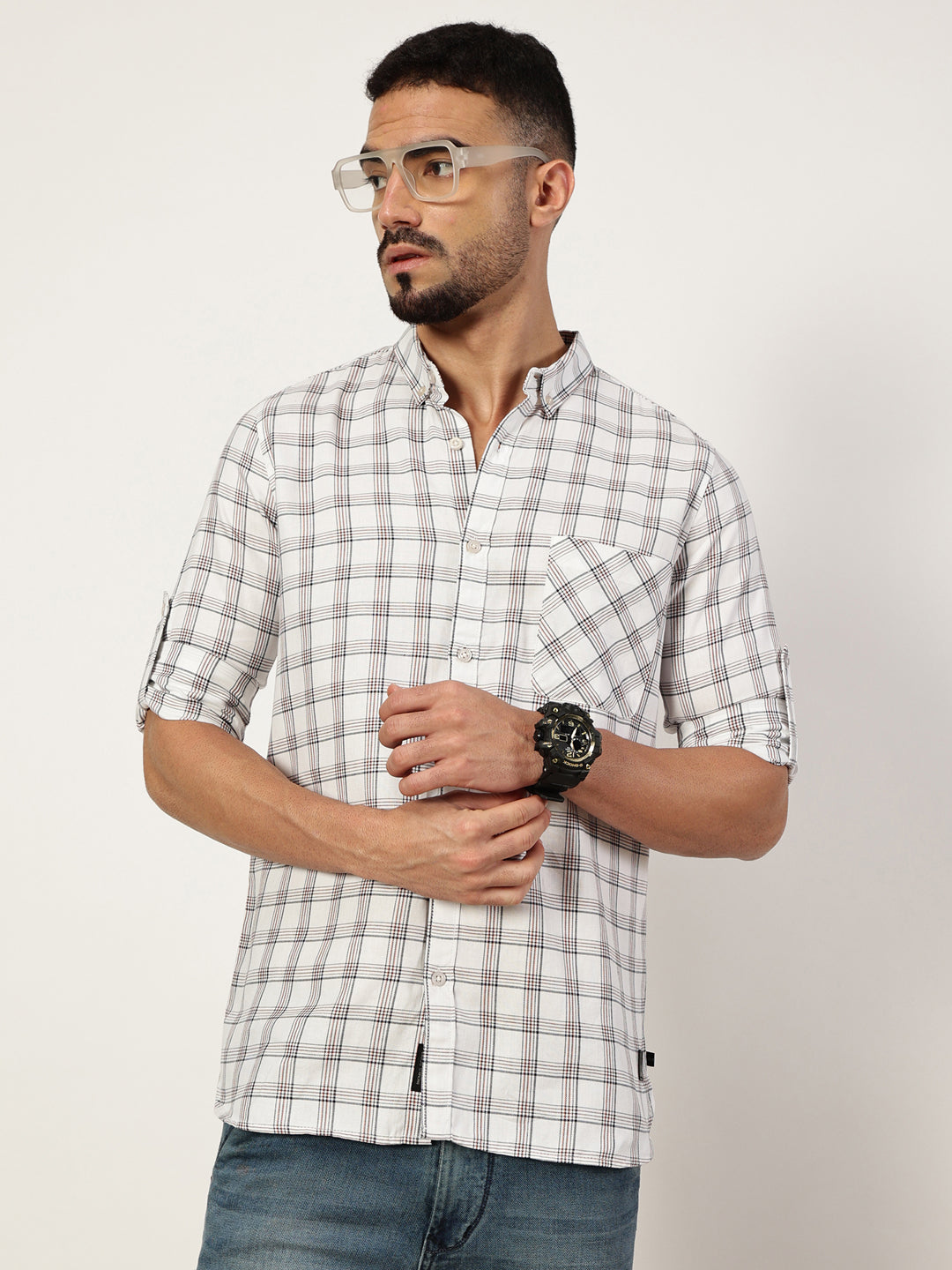 Thomas Scott Men White1 Premium Slim Fit Opaque Checked Casual Shirt