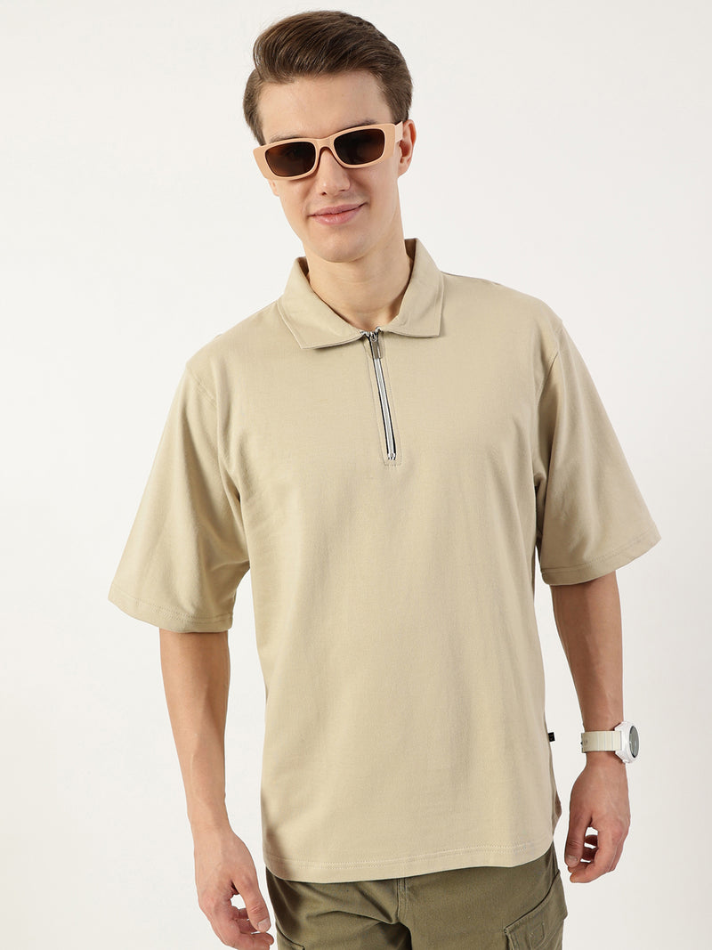 Thomas Scott Men Beige Polo Collar Bio Finish T-shirt