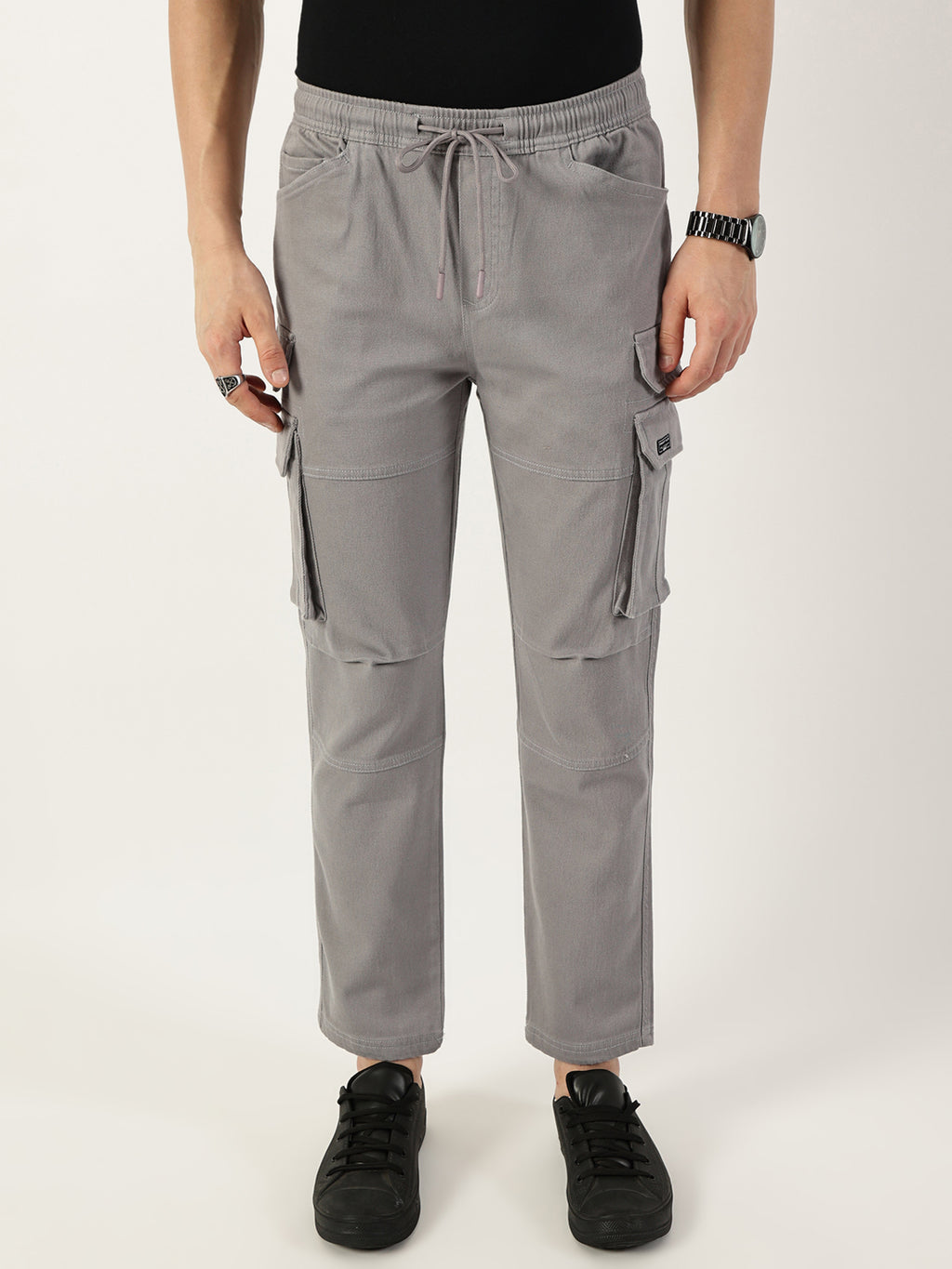 Thomas Scott Men Grey Relaxed Straight Fit Cargos Trousers