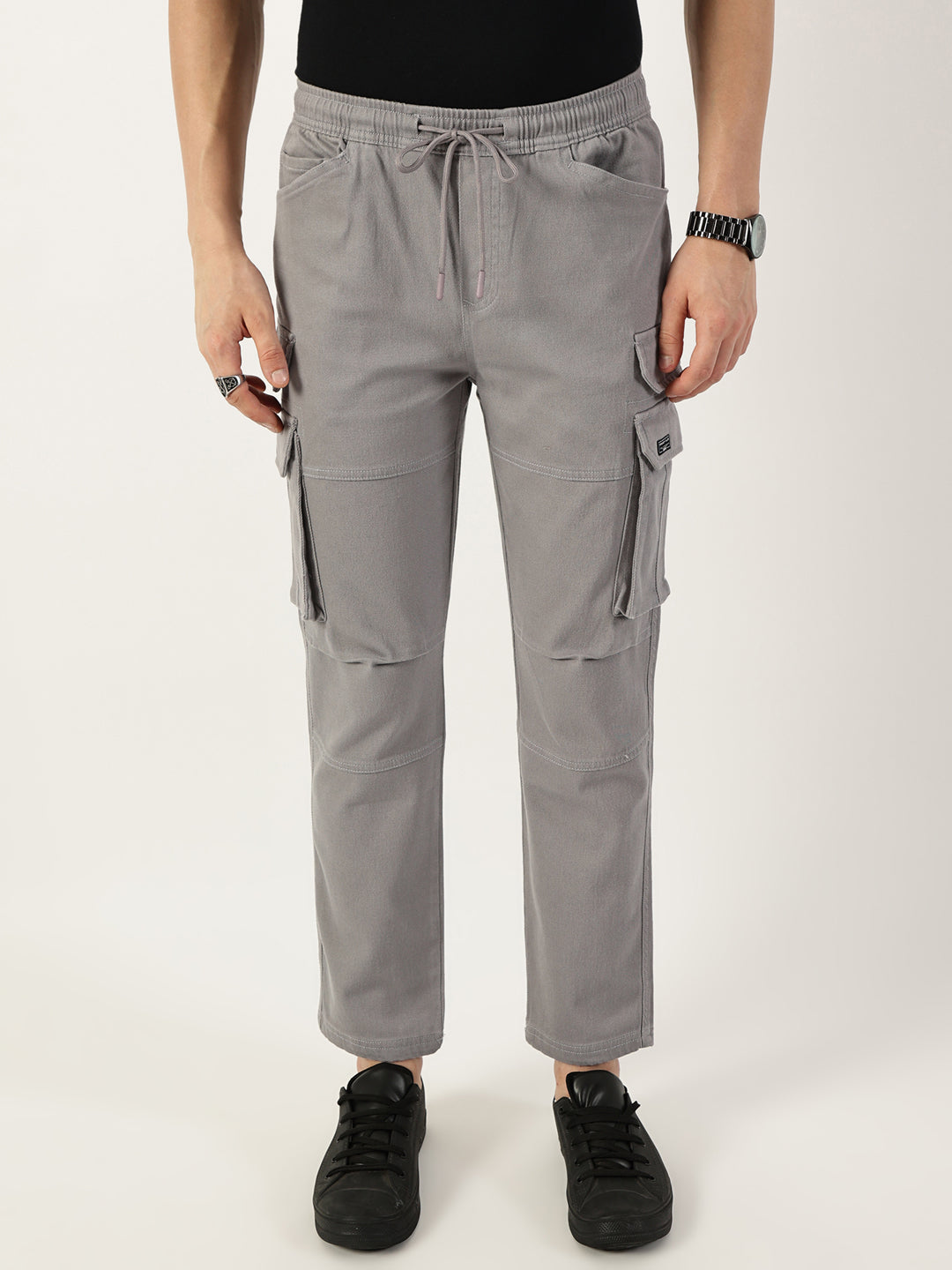Thomas Scott Men Grey Relaxed Straight Fit Cargos Trousers