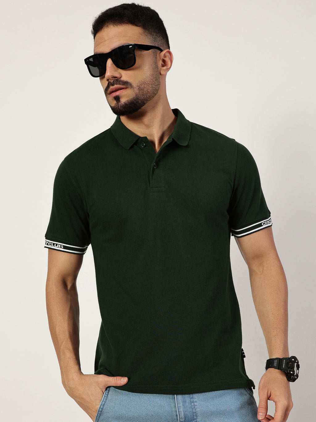 Thomas Scott Men Bottle Green Polo Collar Pockets T-shirt