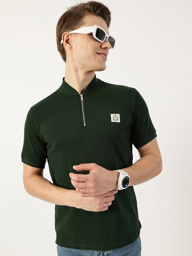 Thomas Scott Men Bottle Green Mandarin Collar T-shirt