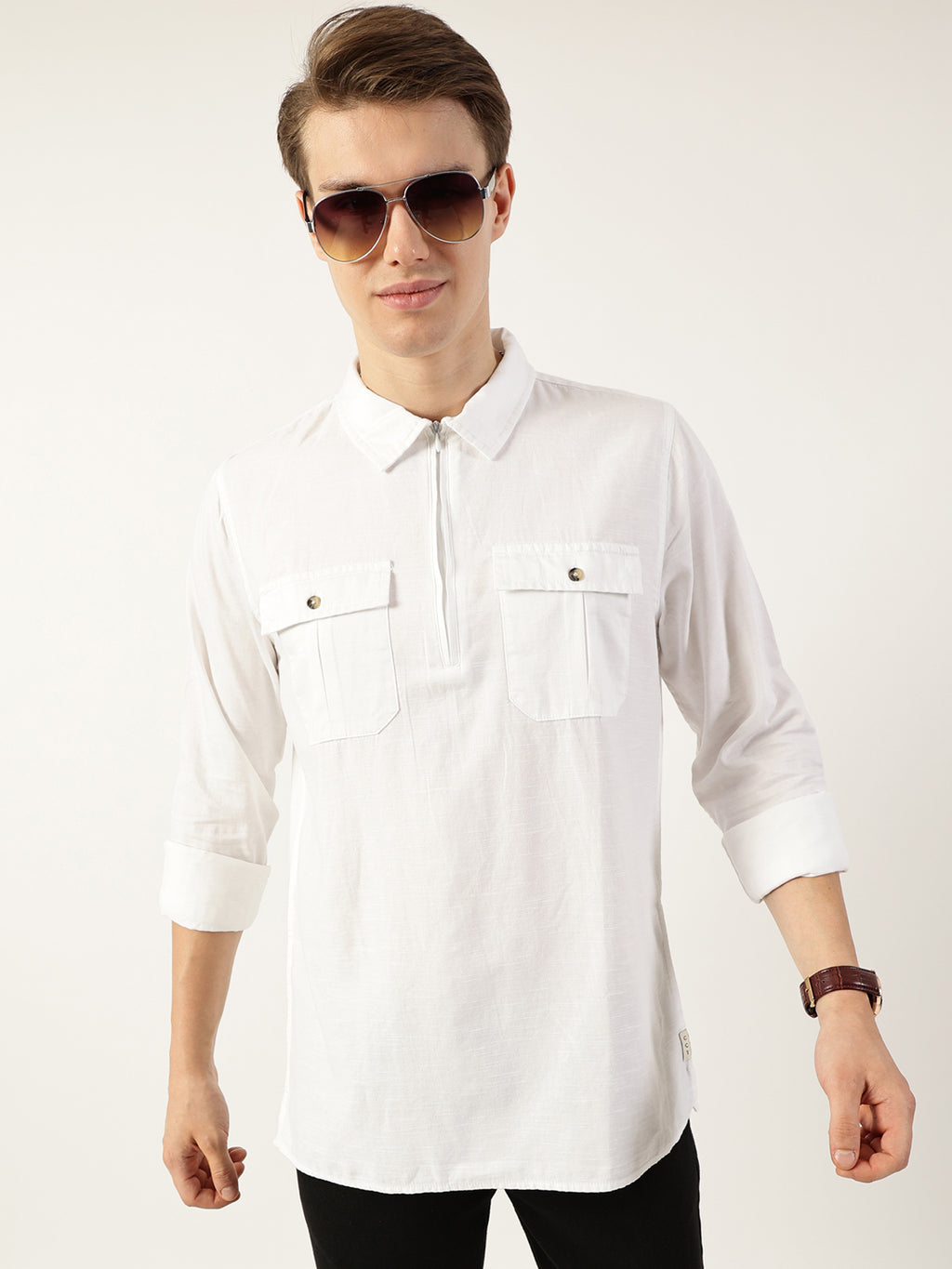Thomas Scott Men White Classic Spread Collar Solid Cotton Casual Shirt