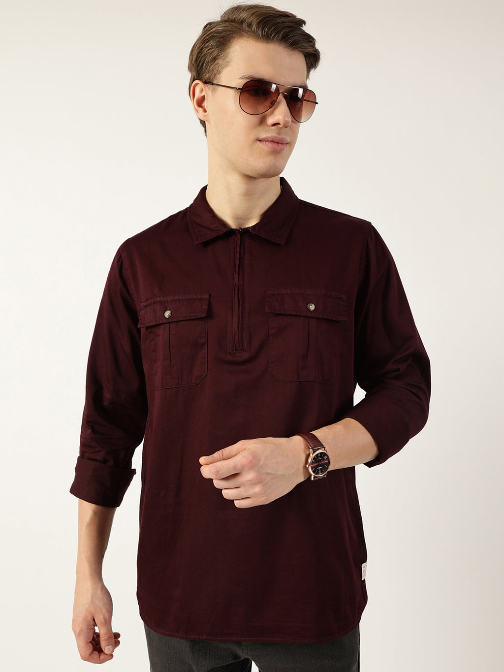 Thomas Scott Men Wine Classic Spread Collar Solid Cotton Casual Shirt