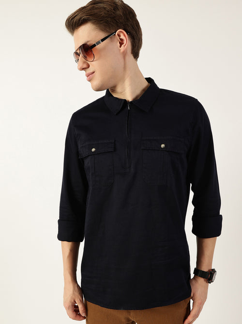 Thomas Scott Men Navy Classic Spread Collar Solid Cotton Casual Shirt