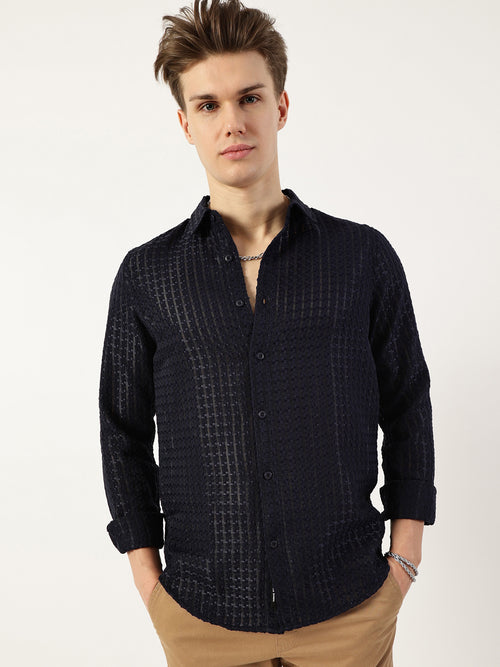 Thomas Scott Men Navy Premium Spread Collar Textured Solid Slim Fit Casual Shirt