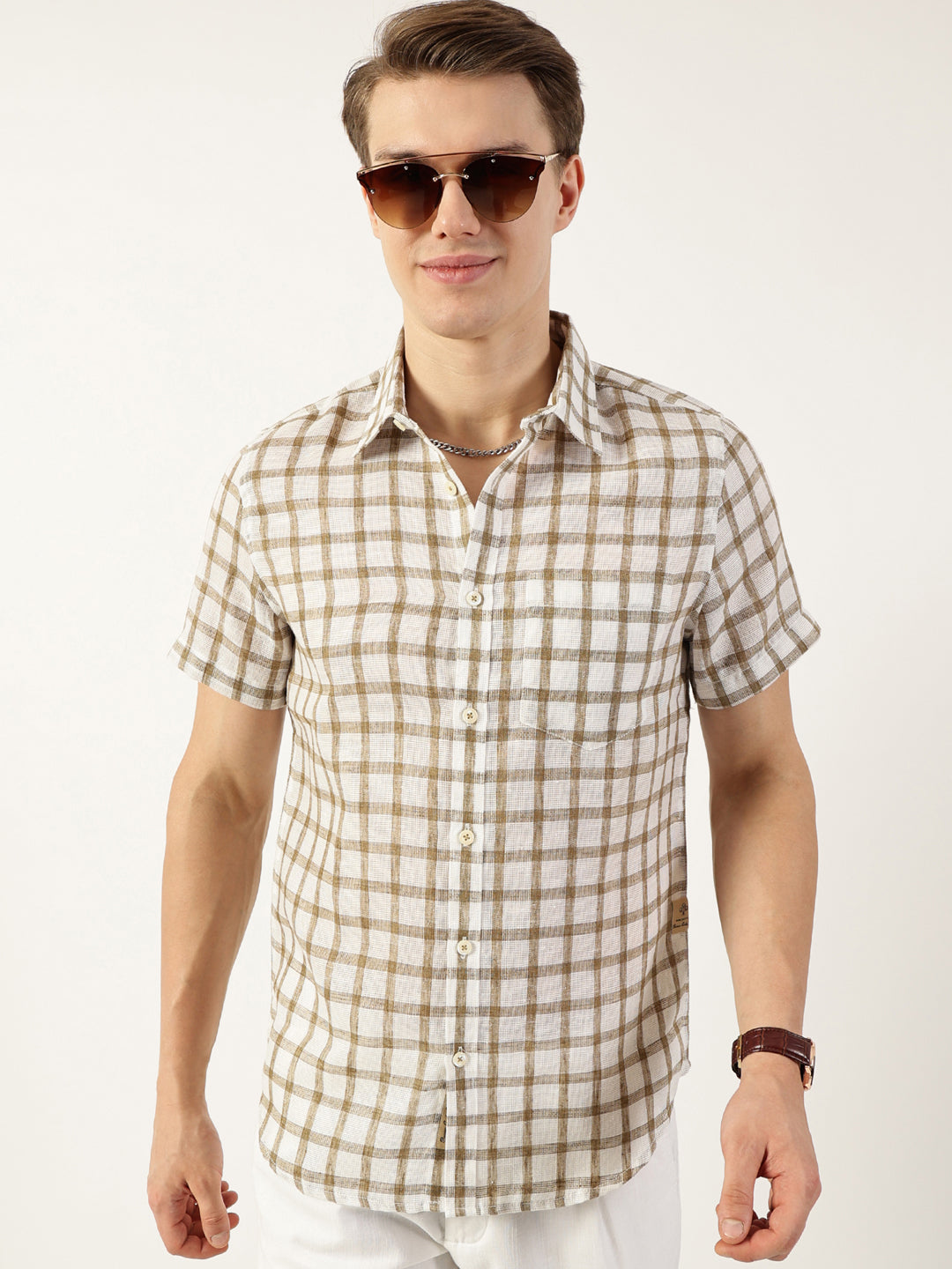 Thomas Scott Men Brown Premium Spread Collar Checked Linen Slim Fit Casual Shirt