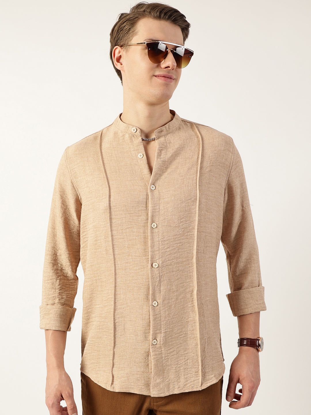 Thomas Scott Men Beige Premium Mandarin Collar Textured Solid Slim Fit Casual Shirt