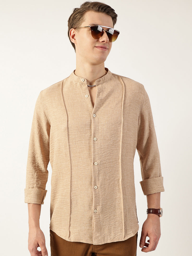 Thomas Scott Men Beige Premium Mandarin Collar Textured Solid Slim Fit Casual Shirt