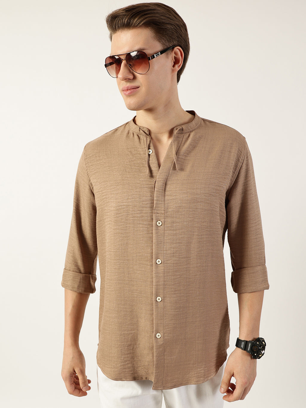 Thomas Scott Men Beige Classic Mandarin Collar Solid Slim Fit Casual Shirt