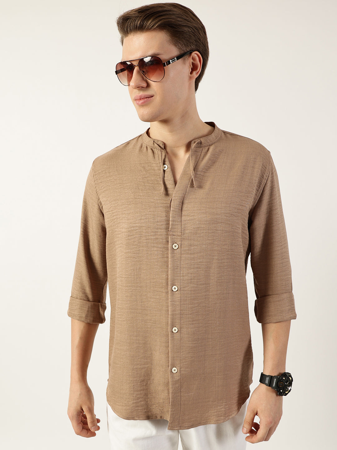 Thomas Scott Men Beige Classic Mandarin Collar Solid Slim Fit Casual Shirt