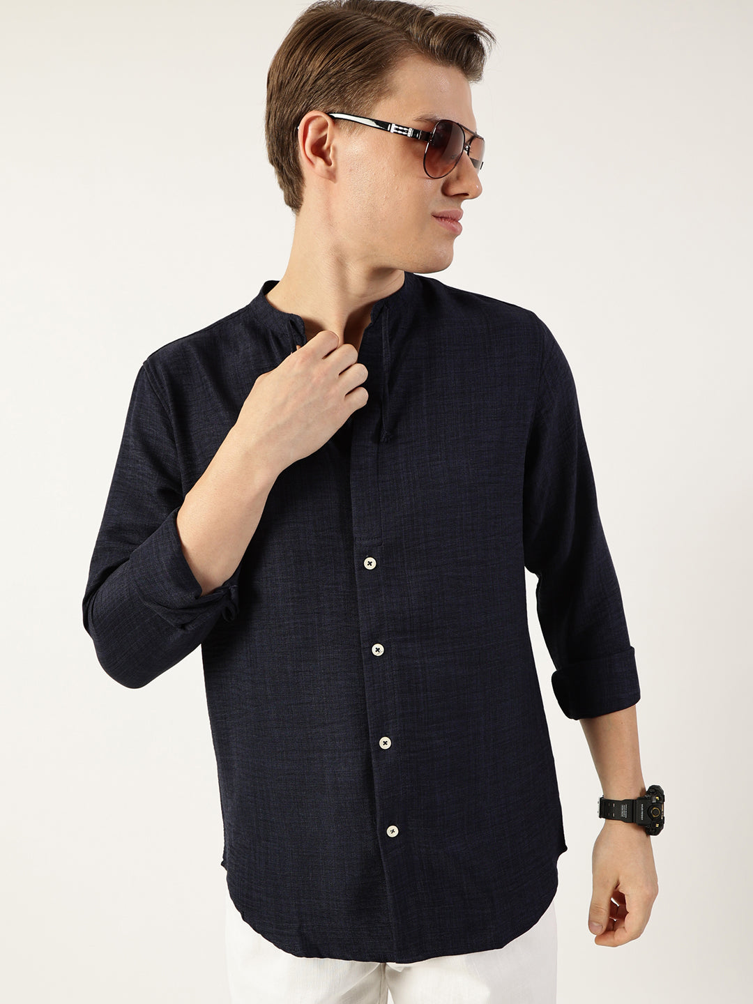 Thomas Scott Men Navy Classic Band Collar Textured Slim Fit Casual Shirt