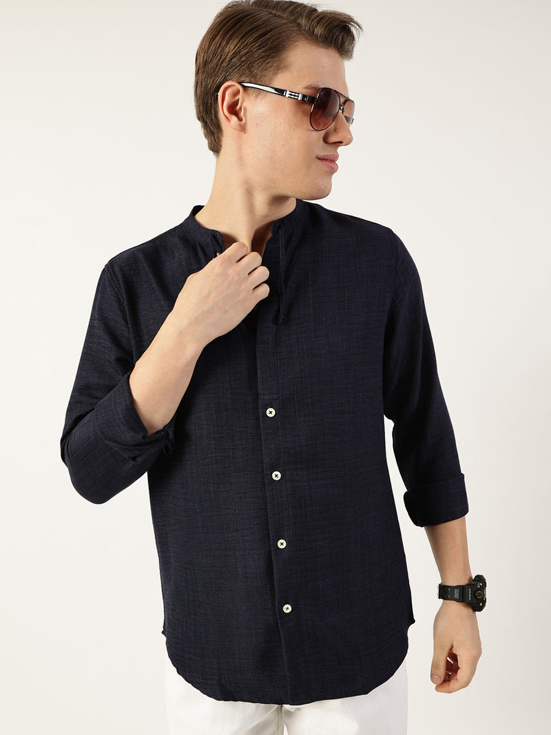 Thomas Scott Men Navy Classic Band Collar Textured Slim Fit Casual Shirt