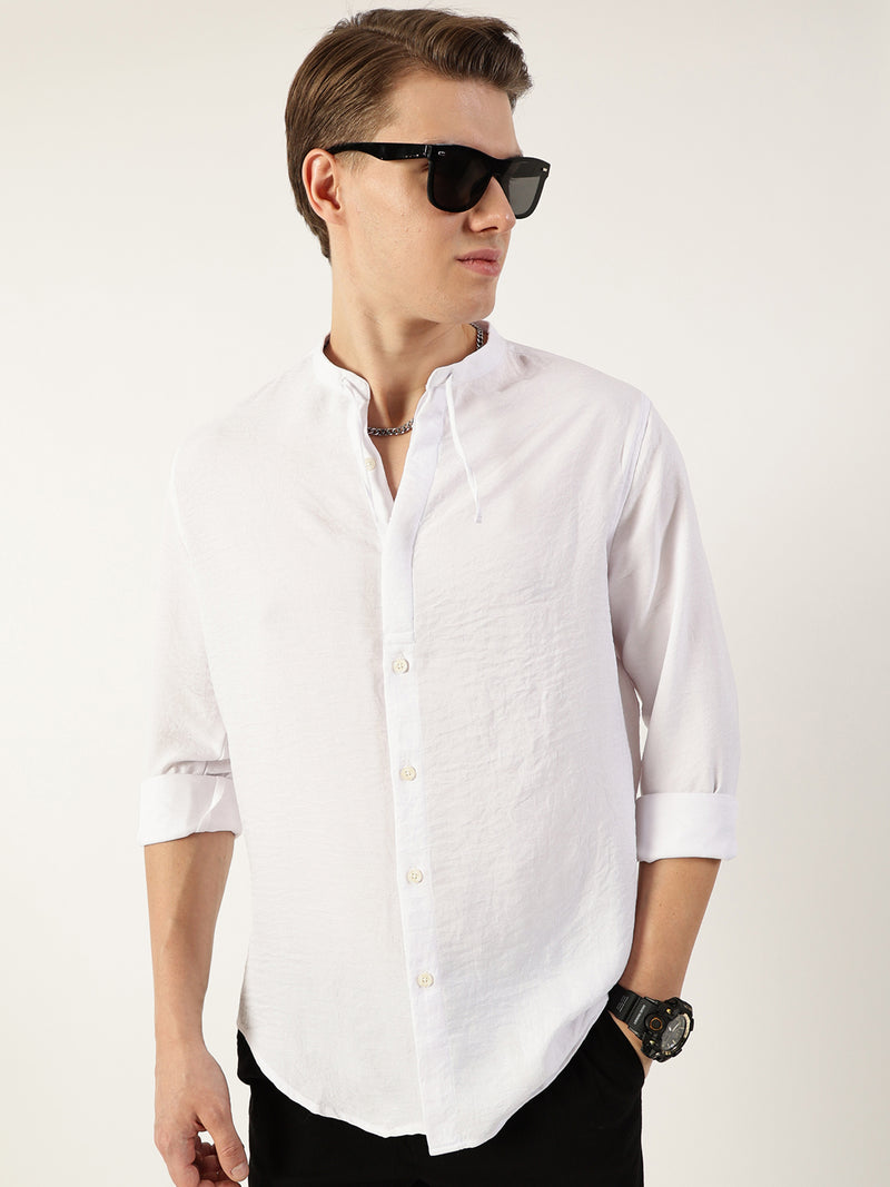 Thomas Scott Men White Classic Mandarin Collar Solid Slim Fit Casual Shirt