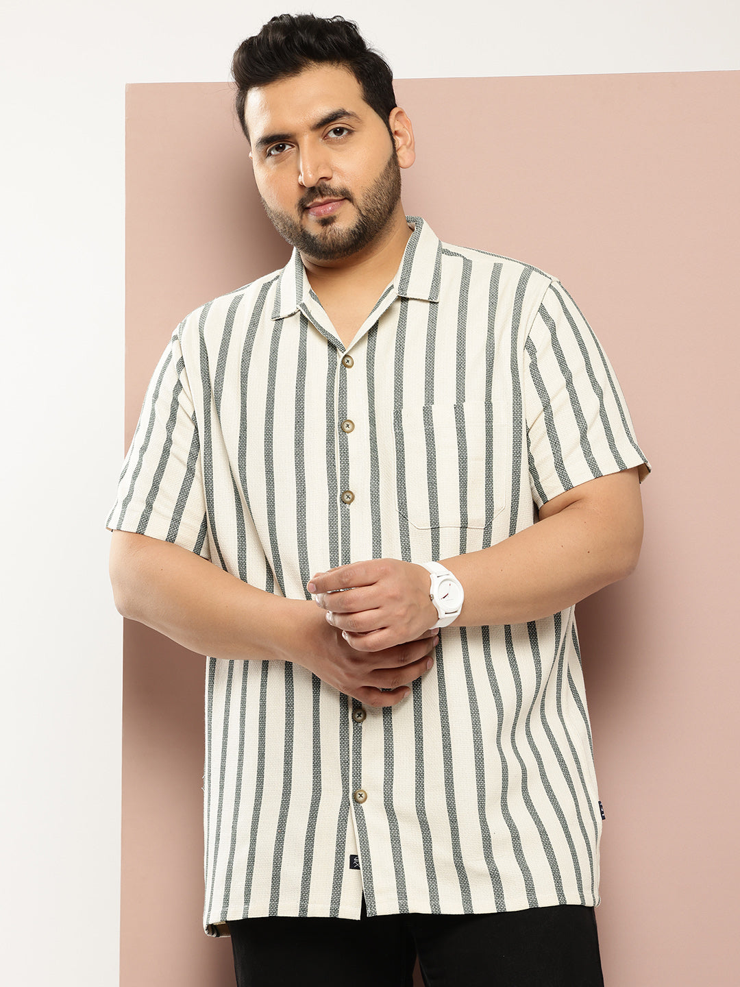 Thomas Scott Men B.Green Plus Size Premium Striped Pure Cotton Casual Shirt
