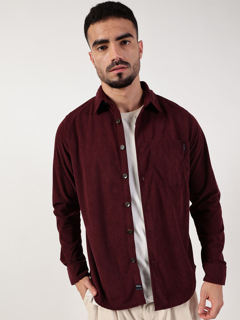 Thomas Scott Men Wine Premium Spread Collar Textured Relaxed Fit Casual Shirt