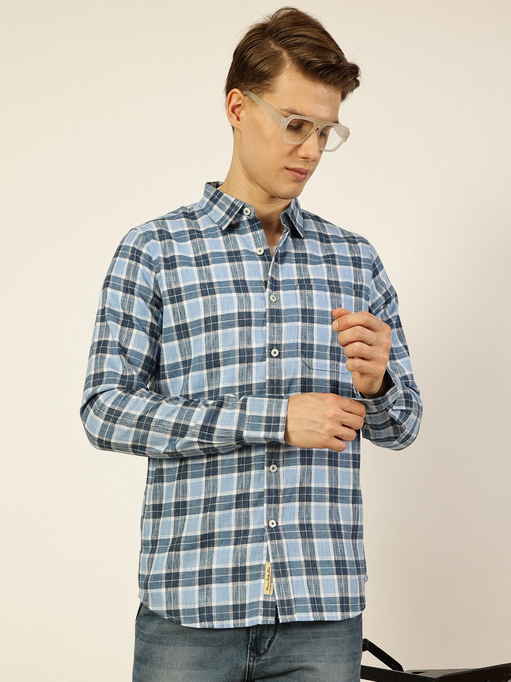 Thomas Scott Men Blue Premium Checked Linen Slim Fit Casual Shirt