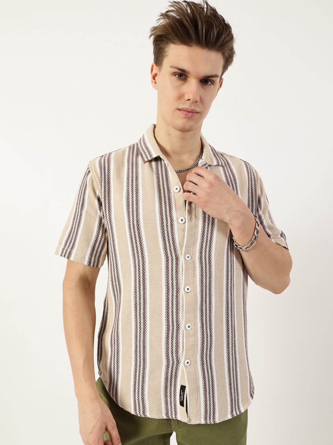 Thomas Scott Men Beige Premium Spread Collar Vertical Striped Cotton Oversized Casual Shirt