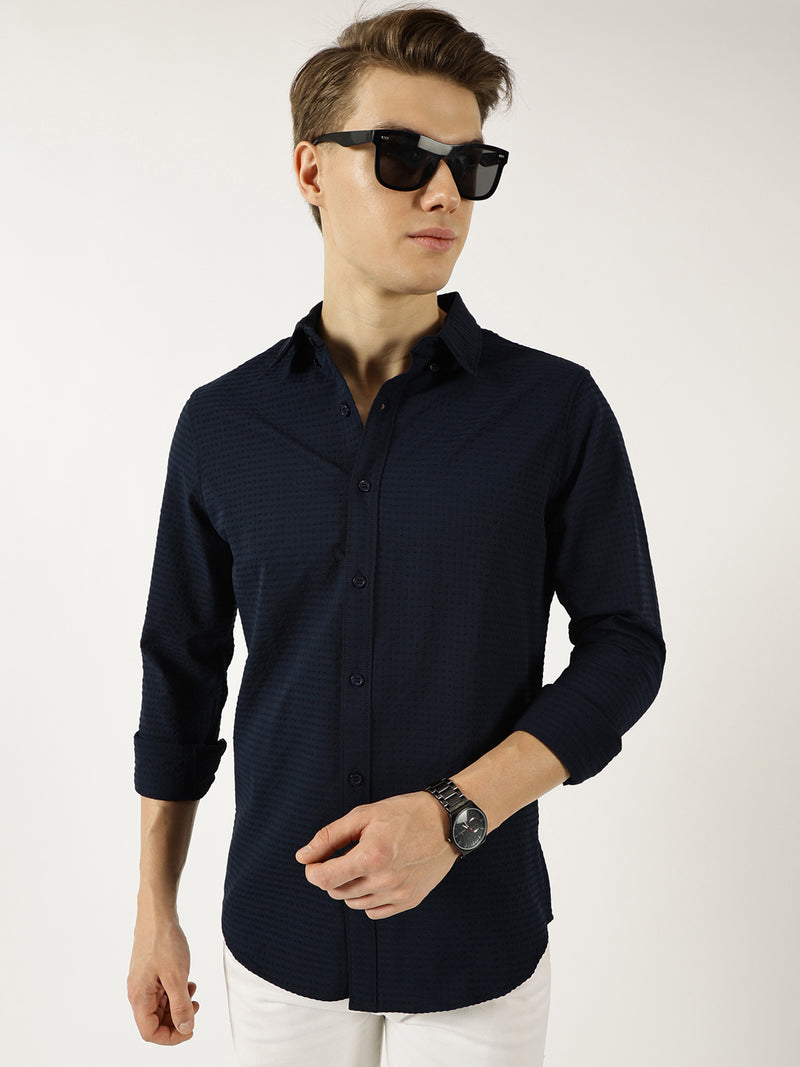 Thomas Scott Men Navy Classic Spread Collar Textured Solid Slim Fit Casual Shirt