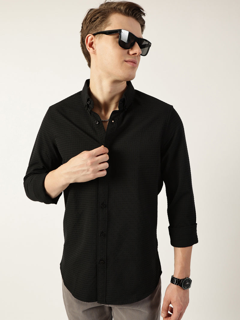 Thomas Scott Men Black Smart Button-Down Collar Textured Solid Slim Fit Casual Shirt