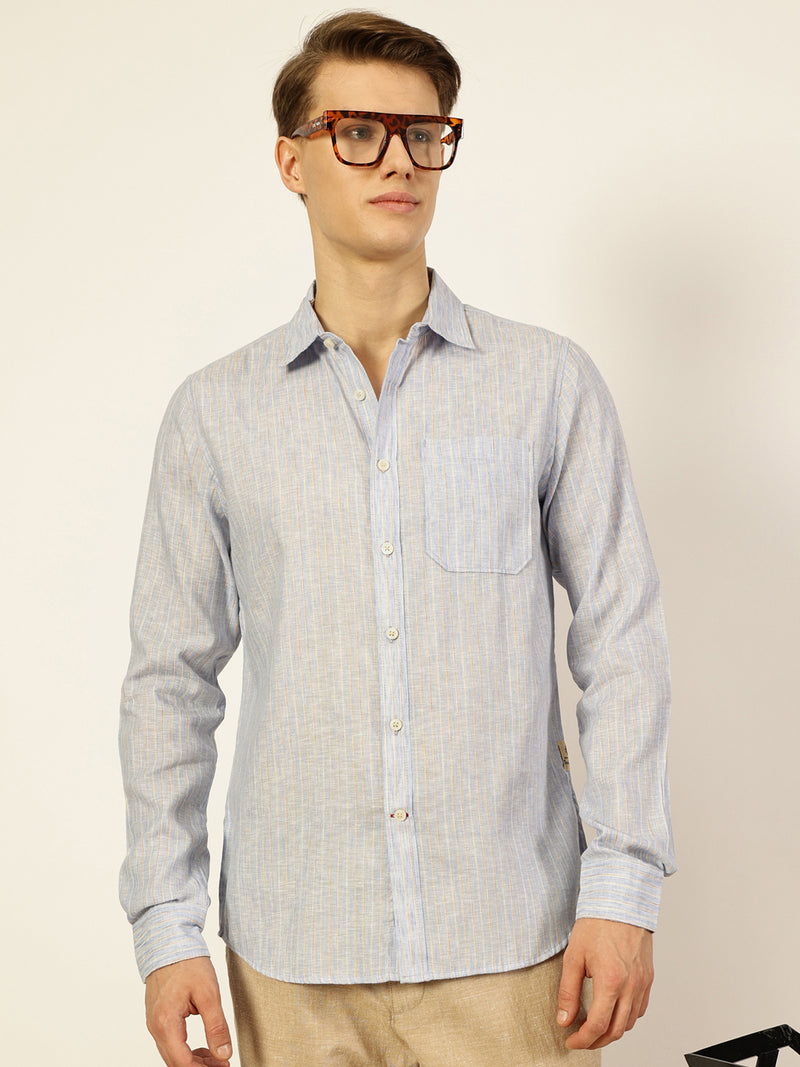 Thomas Scott Men Sky Blue Premium Striped Linen Slim Fit Casual Shirt