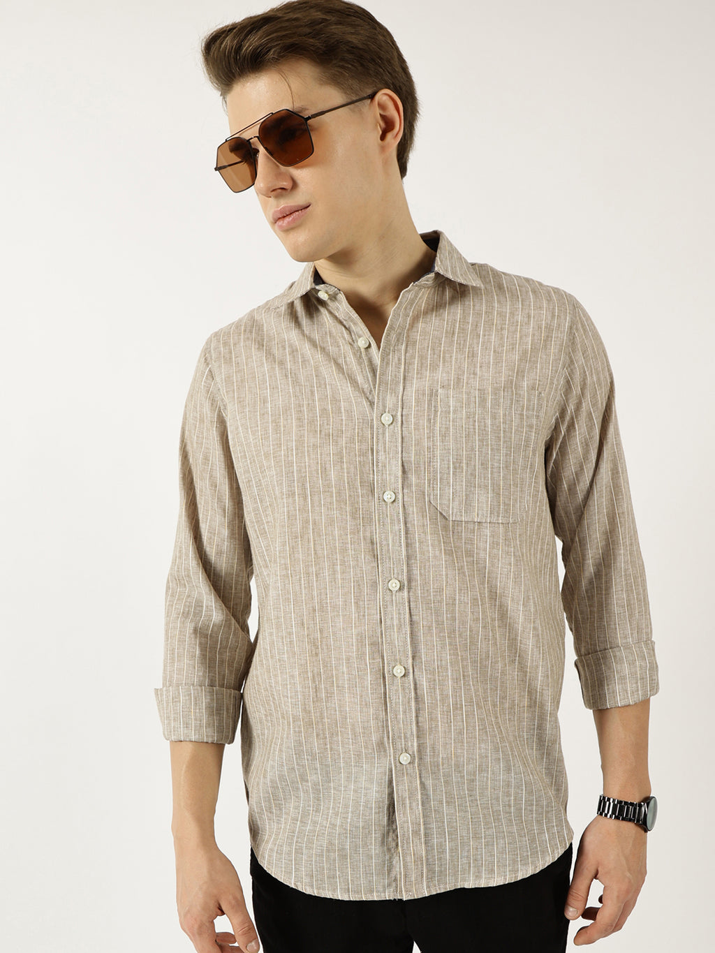 Thomas Scott Men Khaki Classic Slim Fit Opaque Striped Casual Shirt