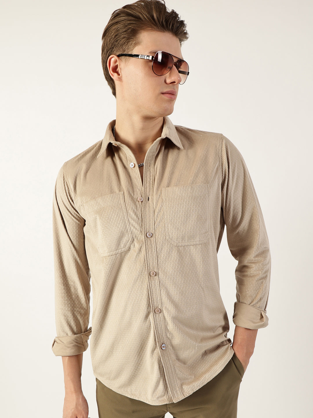 Thomas Scott Men Beige Classic Spread Collar Textured Solid Slim Fit Casual Shirt