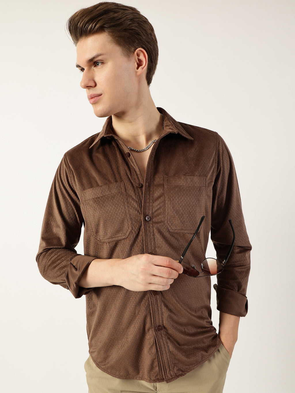 Thomas Scott Men Brown Classic Spread Collar Textured Solid Slim Fit Casual Shirt