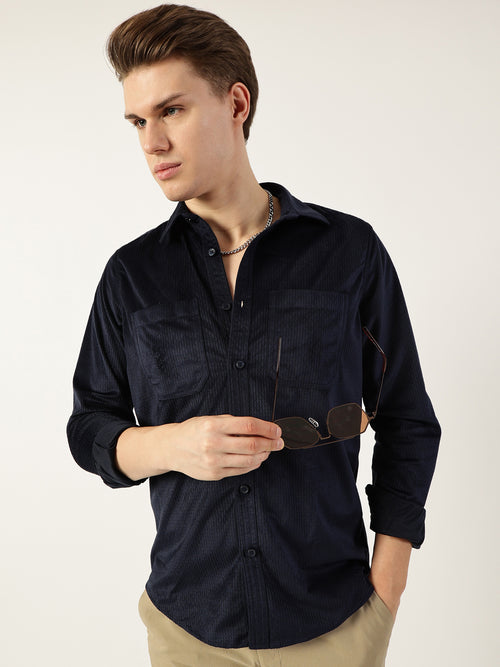 Thomas Scott Men Navy Classic Spread Collar Textured Slim Fit Casual Shirt
