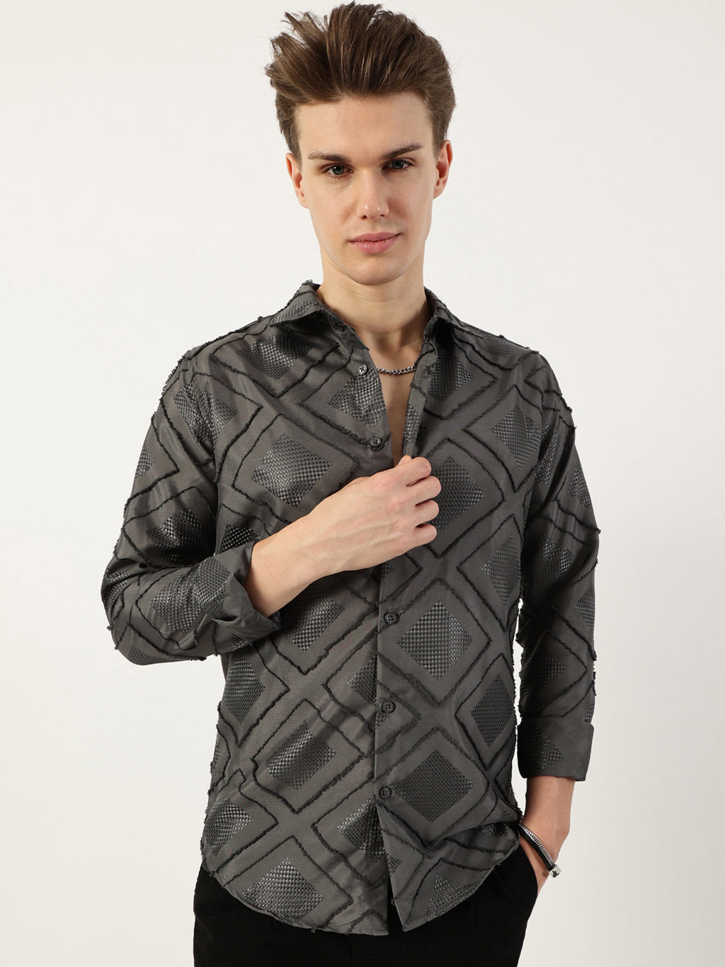 Thomas Scott Men Grey Premium Spread Collar Graphic Printed Slim Fit Casual Shirt