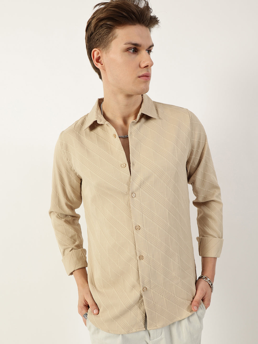 Thomas Scott Men Beige Premium Spread Collar Textured Solid Slim Fit Casual Shirt