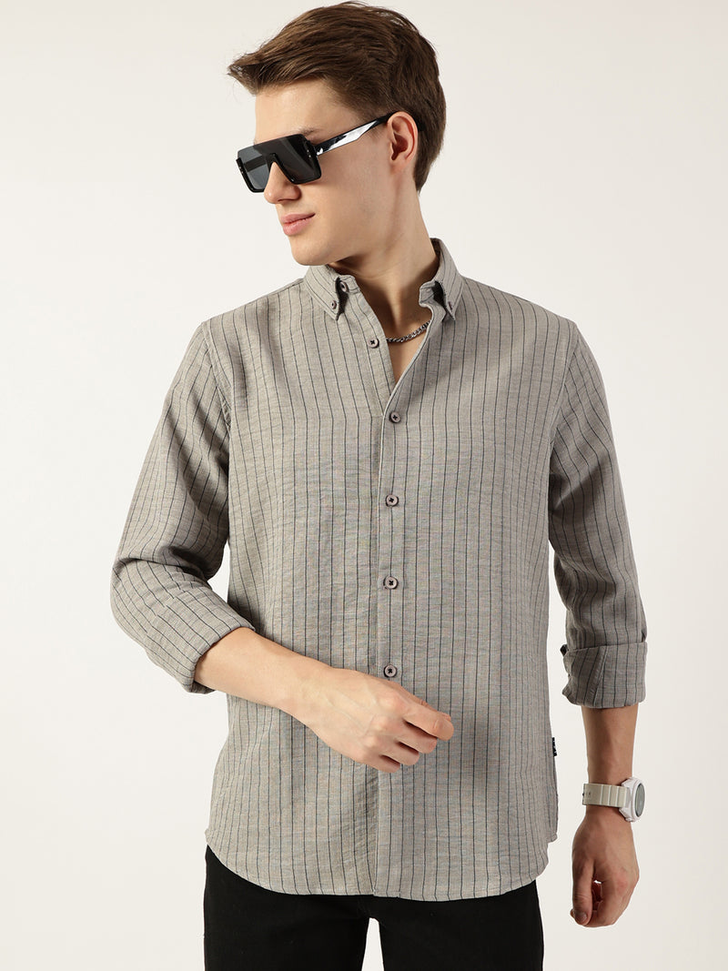 Thomas Scott Men Grey Premium Spread Collar Vertical Striped Slim Fit Casual Shirt
