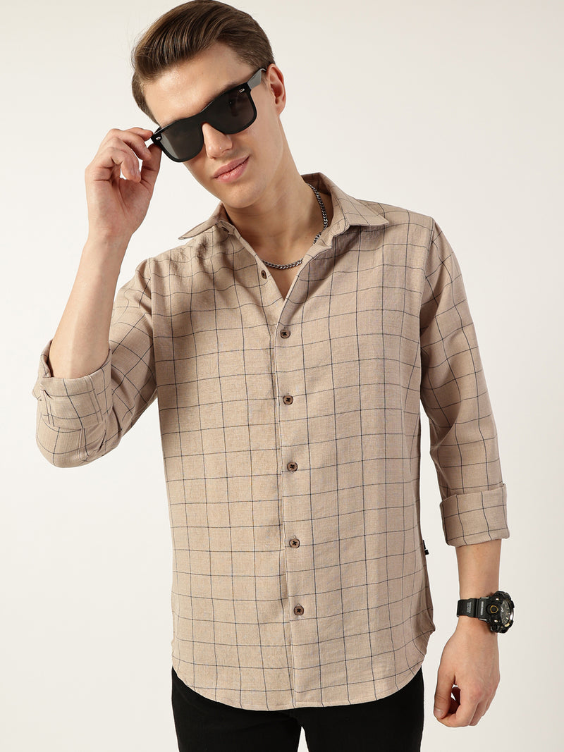 Thomas Scott Men Beige Smart Spread Collar Windowpane Checked Slim Fit Casual Shirt