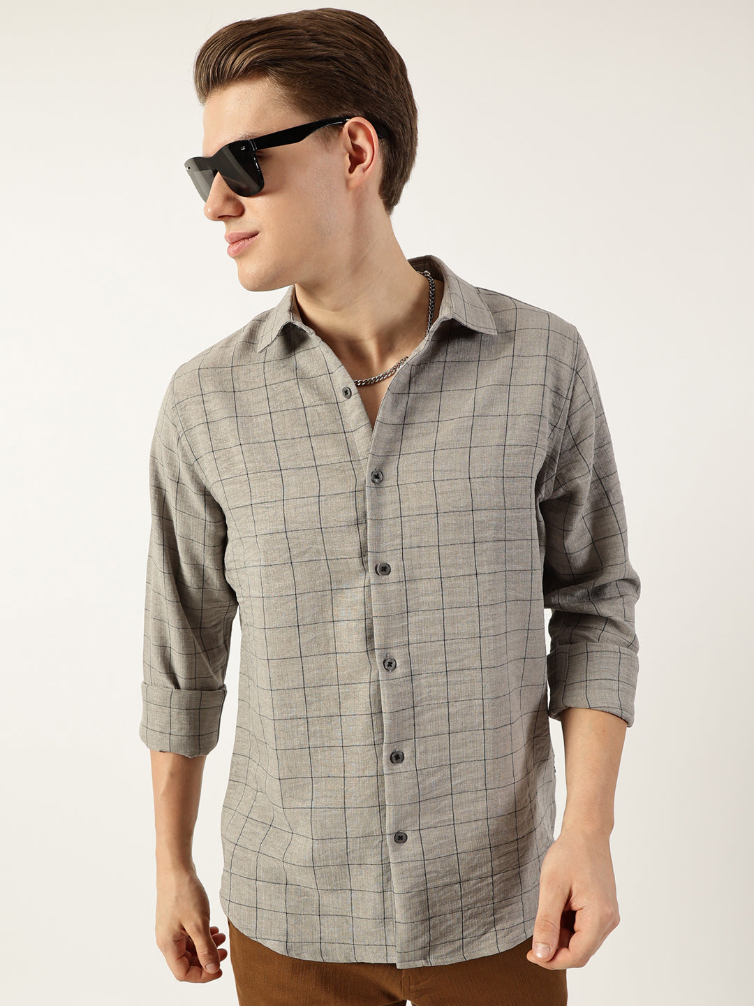 Thomas Scott Men Grey Smart Spread Collar Windowpane Checked Slim Fit Casual Shirt
