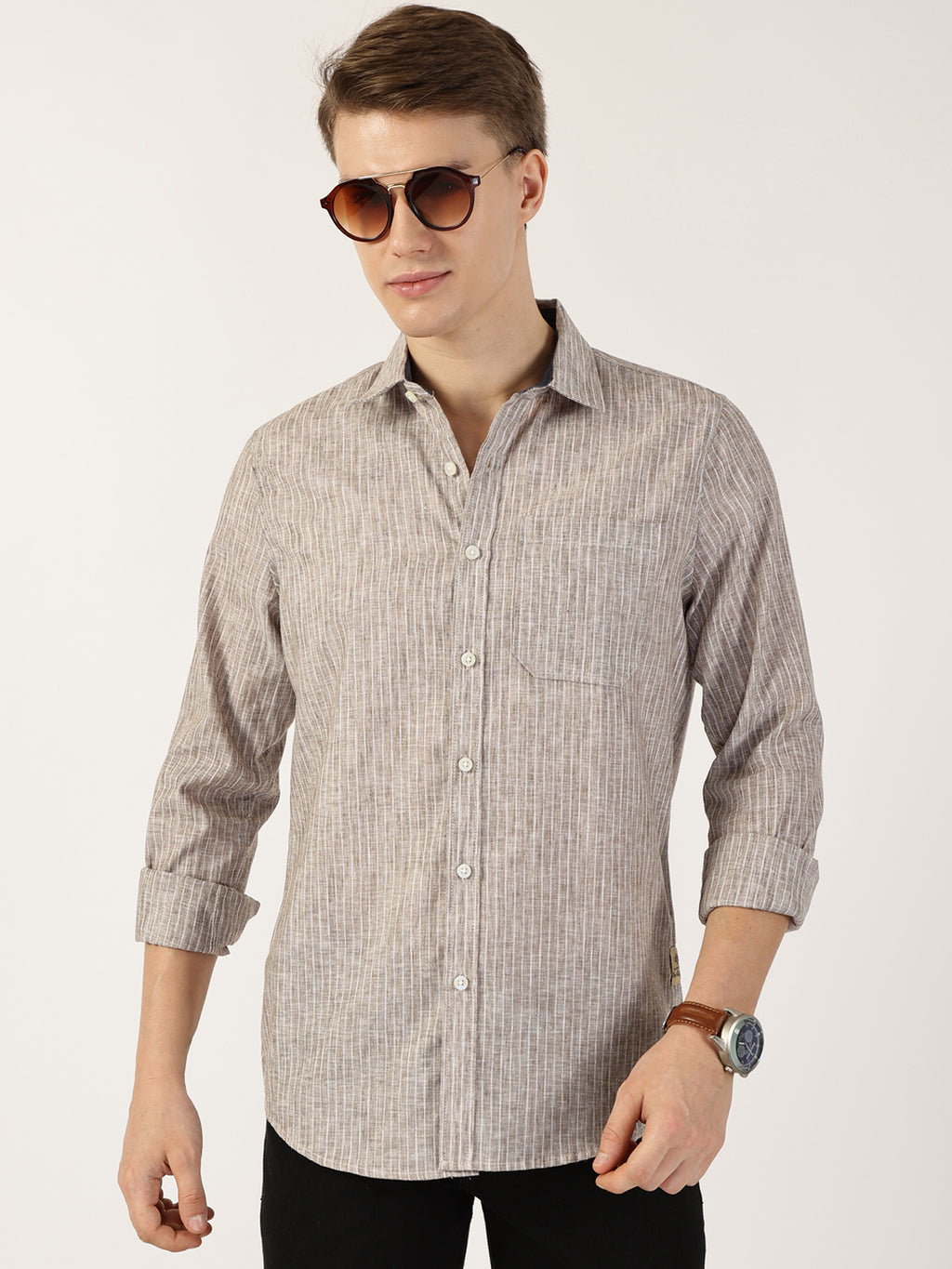 Thomas Scott Men Brown Premium Slim Fit Opaque Striped Casual Shirt