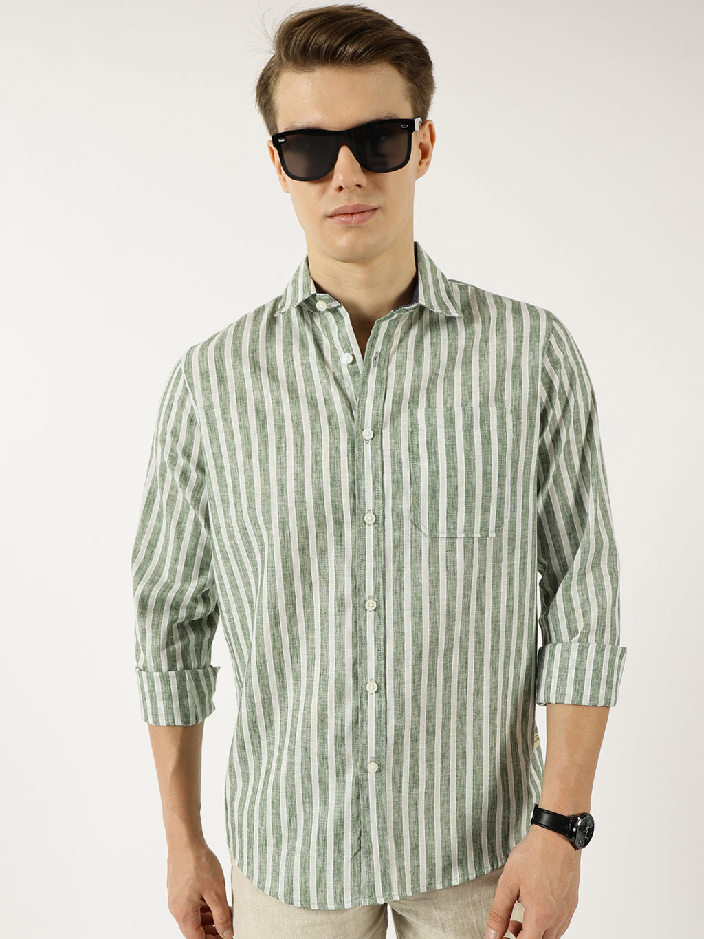 Thomas Scott Men Green Classic Slim Fit Opaque Striped Casual Shirt