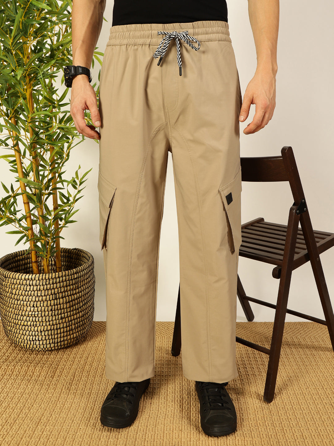 Thomas Scott Men Beige Smart Loose Fit Cargos Trousers