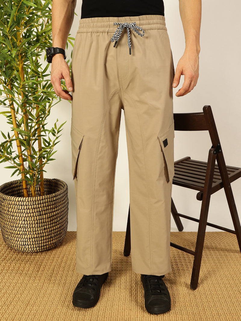 Thomas Scott Men Beige Smart Loose Fit Cargos Trousers