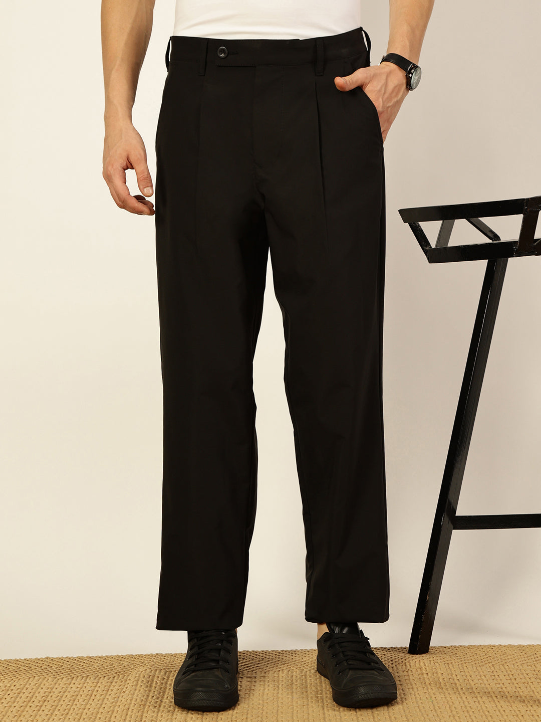 Thomas Scott Men Black Regular Fit Smart Pleated Trousers