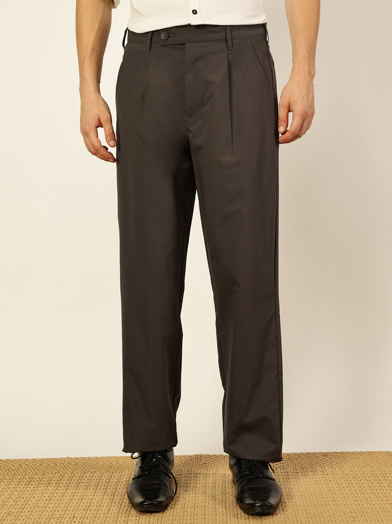 Thomas Scott Men Dark Grey Smart Pleated Mid-Rise Trousers