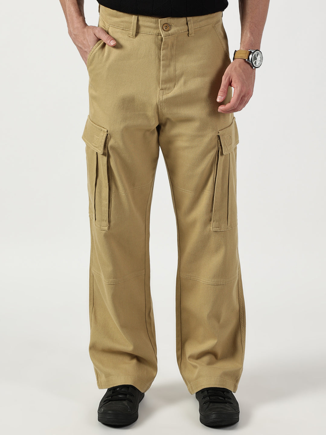 Thomas Scott Men Beige Relaxed Cargos Trousers