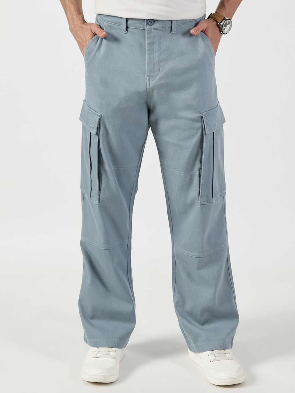 Thomas Scott Men Light Blue Relaxed Fit Mid-Rise Cargos Trousers