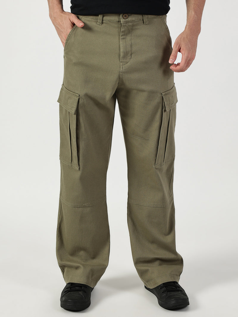 Thomas Scott Men Olive Relaxed Easy Wash Cargos Trousers