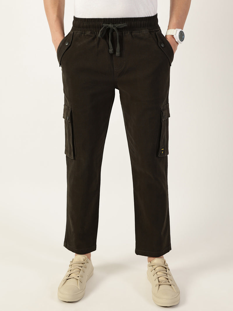 Thomas Scott Men Bottle Green Relaxed Loose Fit Easy Wash Cargos Trousers