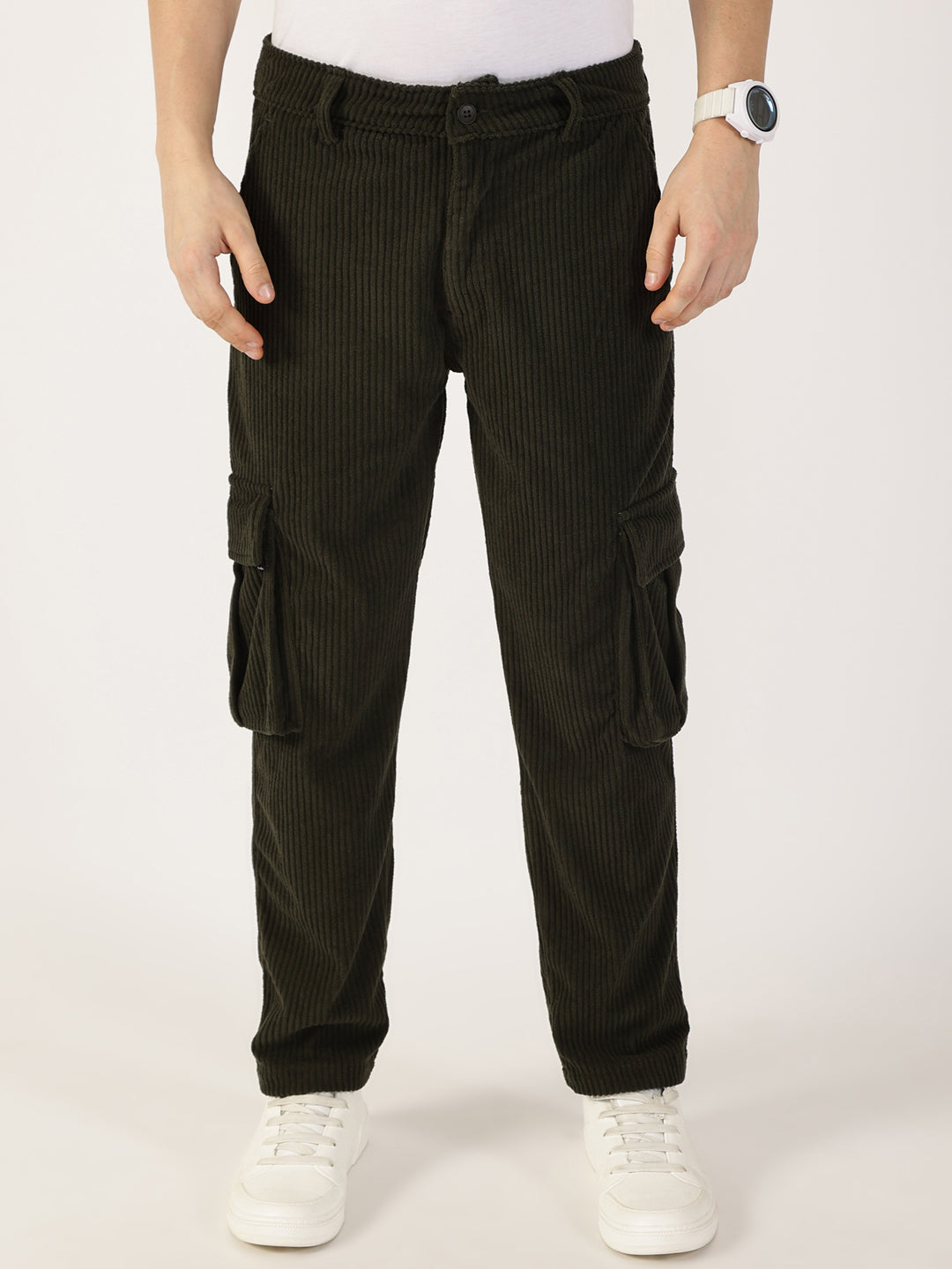 Thomas Scott Men Olive Striped Smart Cargos Trousers
