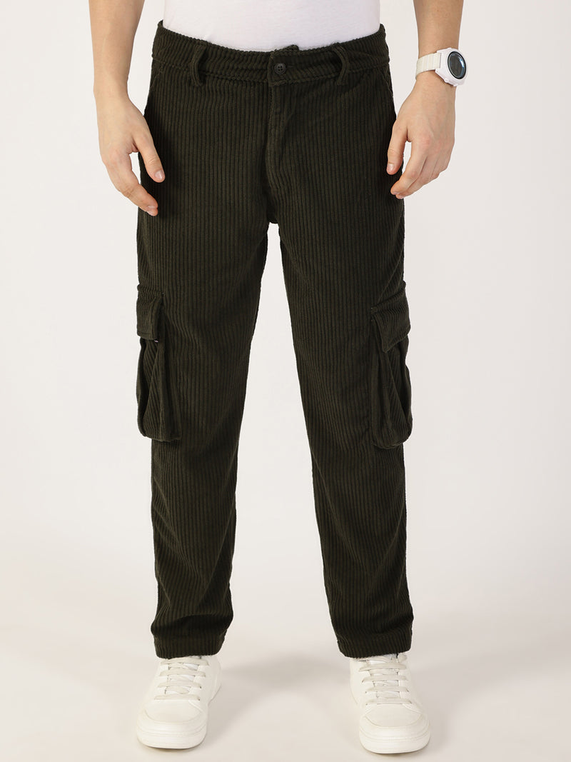 Thomas Scott Men Olive Striped Smart Cargos Trousers