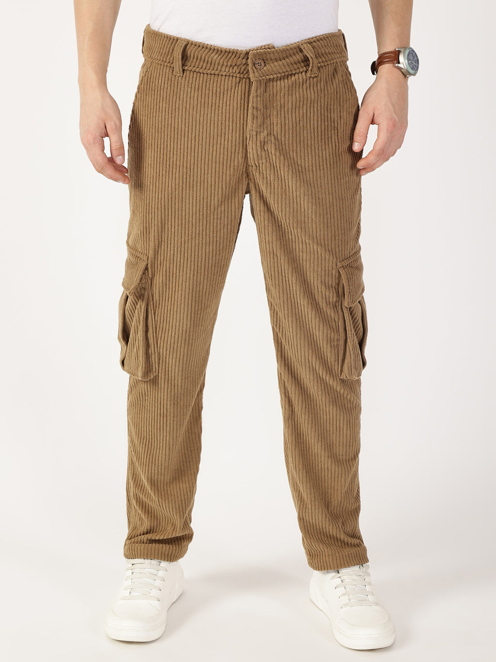 Thomas Scott Men Khaki Striped Smart Cargos Trousers
