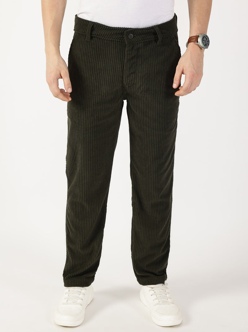 Thomas Scott Men Olive Striped Smart Cargos Trousers
