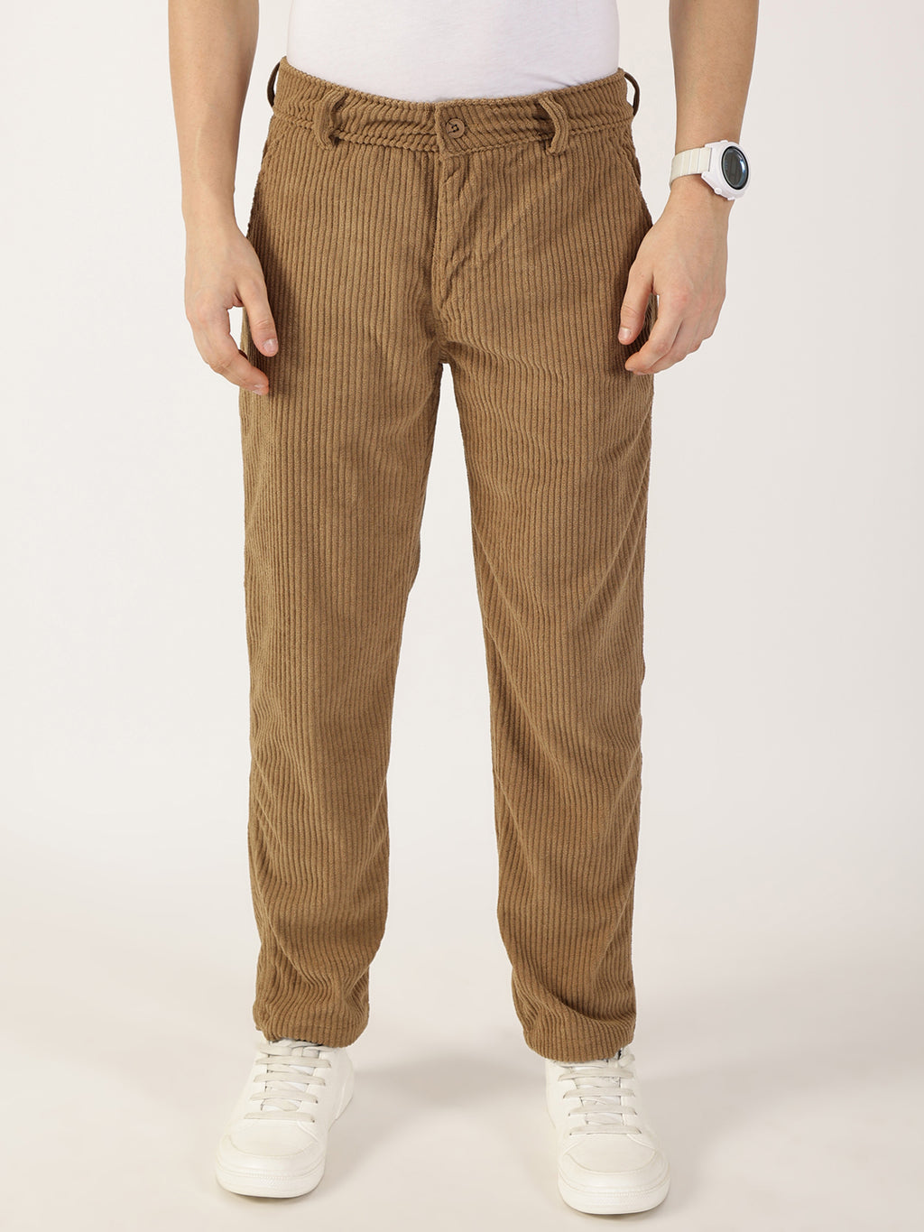 Thomas Scott Men Brown Striped Smart Cargos Trousers